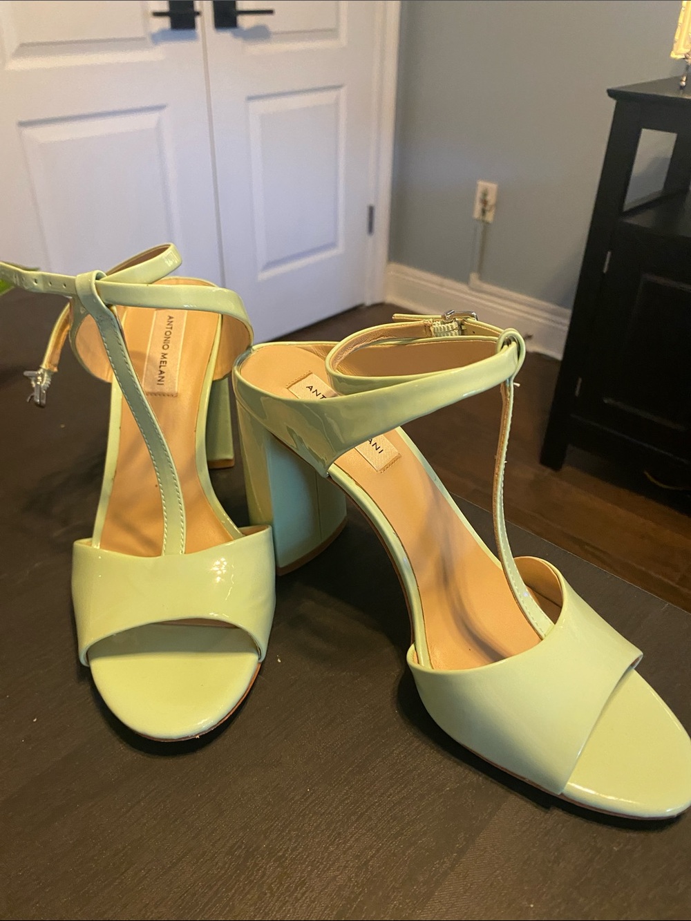 Antonio Melani Mint Green Patent T-Strap Block Heel Sandals